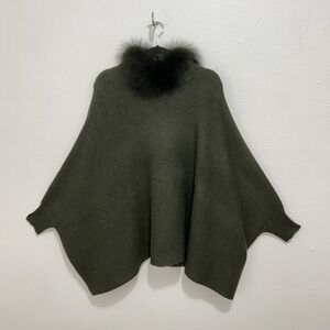 Mitchies Knit Sweater Green Hooded Poncho With Blue Fox Fur Trim One Size Comfy